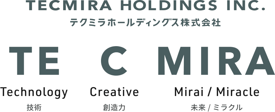 テクミラホールディングスの名は、「Technology(技術)」の「TE」、「Creative(創造力)」の「C」、「未来」「Miracle」の「MIRA」から名付けました